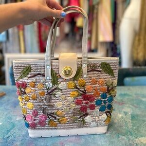 Mid Century Embroidered Basket Bag